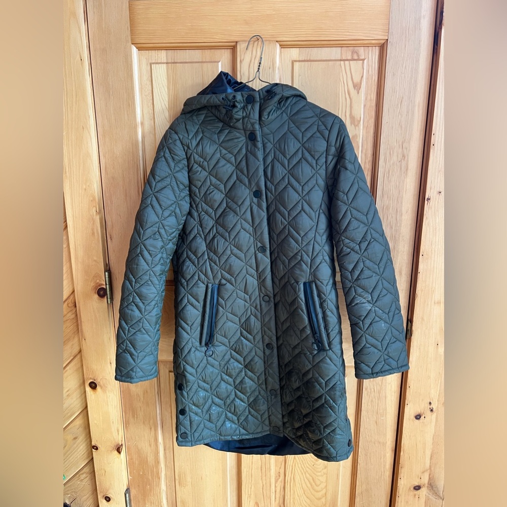 Quilted Olive Green mid length coat with hood